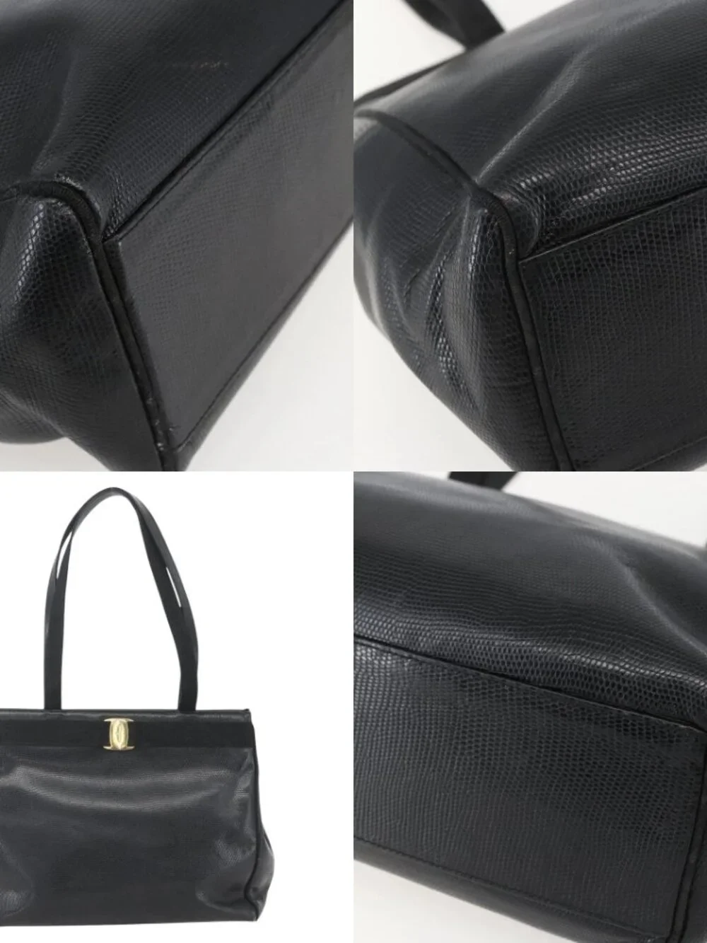 Salvatore Ferragamo Vala Tote Bag Leather Black Gold Auth am10419